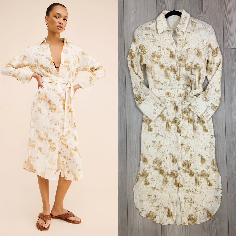 Anthropologie - Little Lies Crinkle Dye Tie Waist Shirt Midi Dress‎ Size Small